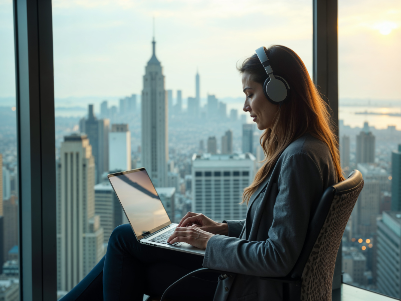 Afbeelding van een vrouw die met haar laptop werkt in een binnenruimte met uitzicht op Manhattan, voorbeeld van een door AI gegenereerde afbeelding als onderdeel van contentmarketing in Marbella
