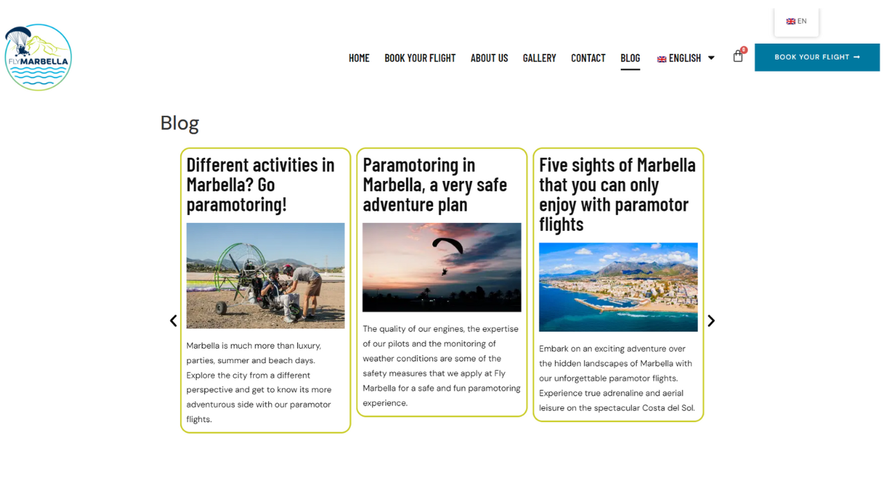 Screenshot of Fly Marbella's blog website about their paramotoring experiences in Marbella