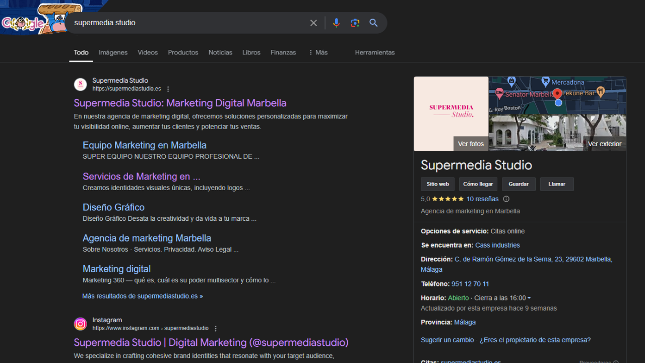 Screenshot of the Google search results after querying Supermedia Studio's terms, showing the usual list of results and the Google My Business profile of the marketing agency Supermedia Studio