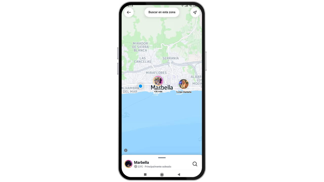 Mock-up of the screen of a smartphone showing Instagram's maps function over the map of Marbella