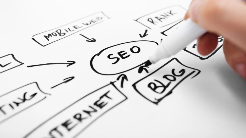 Photograph showing the detail of a sketch made with black marker pen on a white sheet of paper, with written key ideas on which aspects would support local SEO in Marbella