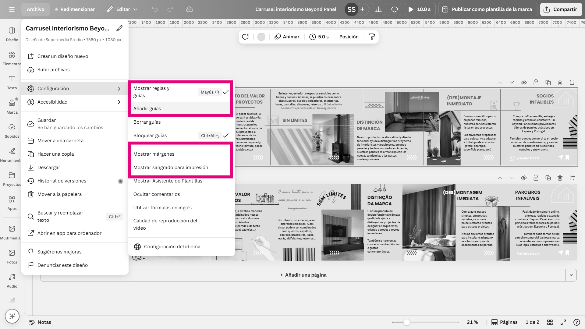 Screenshot showing Canva's guides and margins function for a graphic design in Marbella work